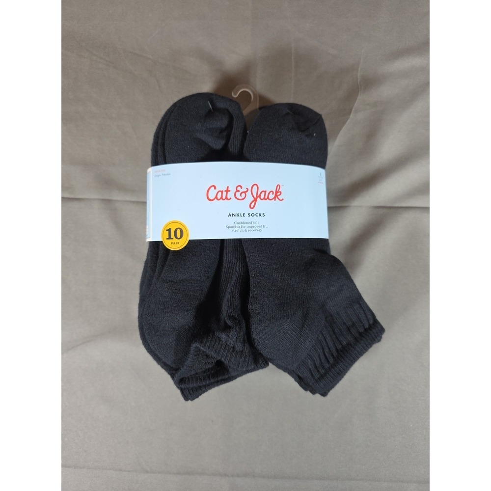 Cat‎ And Jack Black Cushioned Sole Ankle Socks 10 Pairs Large shoe size 3 - 7